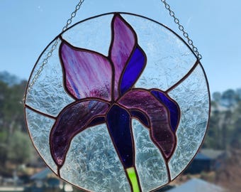Artisan Stained Glass Iris Sun Catcher - Handmade Flower Window Hanging