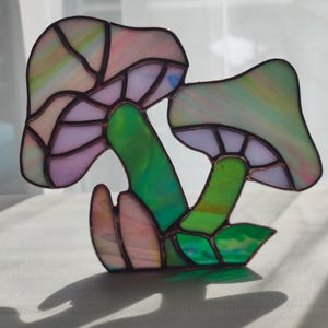 Blue and Iridescent Stained Glass Mushroom Patch for Cozy Cottage Decor