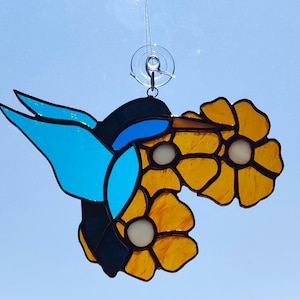 Stained Glass Hummingbird with Flower Suncatcher