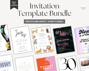 PLR Invitation Canva Template Bundle, Resell Rights, Commercial Use, Done For You Birthday Party Graduation Event, Adult & Kids Party Invite