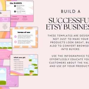 May include: A set of colorful infographic templates designed to help Etsy sellers build a successful business. The templates feature a rainbow background with clouds and grass, and include text such as "How it works", "The Basics", "Terms of Use", and "What You Get".