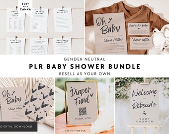 PLR Gender Neutral Baby Shower Template Bundle Canva, Resell Rights Editable Boho Baby Shower Invite, Signage, Games,