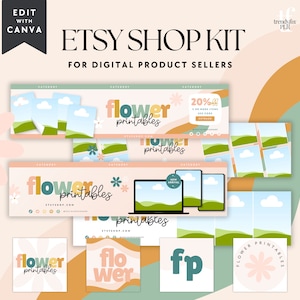 Boho Rainbow Etsy Branding for Digital Products Canva Template, Retro Etsy Banner, Etsy Store Branding, Editable Etsy Store Banner