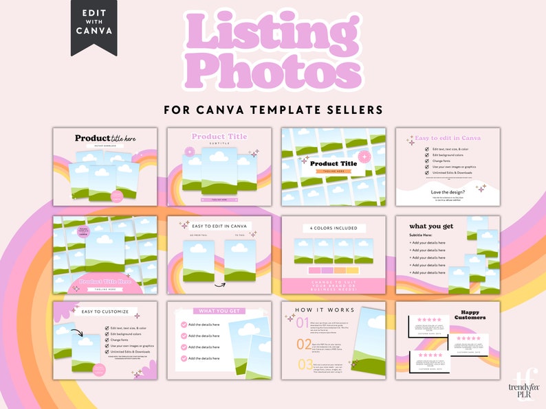 May include: A set of 9 Canva templates for listing photos, featuring a rainbow background with clouds and green hills. The templates include sections for product title, easy to edit in Canva, what you get, how it works, and happy customers.