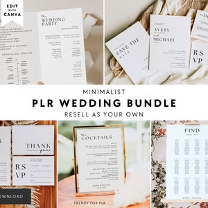 PLR Minimalist Wedding Template Bundle Canva, Resell Rights Editable Modern Wedding Invite Suite, Signage, Menu, Seating Chart, Commercial