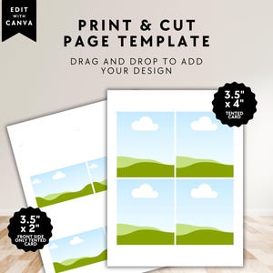 Puede incluir: Plantilla de página Imprimir y cortar con Canva. El diseño presenta un papel blanco con una escena de paisaje y el texto "DRAG AND DROP TO ADD YOUR DESIGN". Incluye una tarjeta plegada de 8,89 cm x 10,16 cm y una tarjeta plegada de 8,89 cm x 5,08 cm.