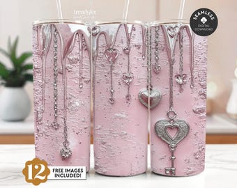 May include: A set of three pink tumbler designs with silver dripping paint and silver heart and key charms. The tumbler designs are for sublimation and are available for digital download.