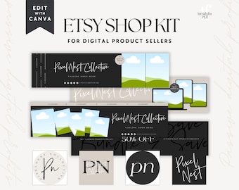 以下が含まれることがあります： デジタル製品販売者向けの Etsy ショップキット。デザインは、スクリプトフォントで「Pixel Nest Collective」というテキストを使用した白黒配色です。デジタルデバイスのモックアップが含まれています。