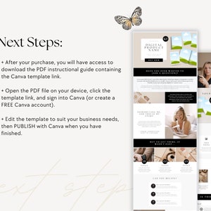 K&ouml;nnte beinhalten: Ein Screenshot einer Website, der eine Landingpage f&uuml;r ein digitales Produkt mit einer Schmetterlingsgrafik, einem Foto einer Frau und dem Text "Next Steps:" zeigt, der die Schritte zum Zugriff und zur Verwendung einer Canva-Vorlage auflistet. Der Text lautet auch "Digital Product Name" und "Your Amazing Product".