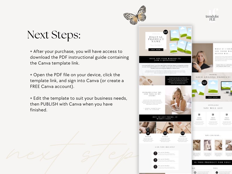 K&ouml;nnte beinhalten: Ein Screenshot einer Website, der eine Landingpage f&uuml;r ein digitales Produkt mit einer Schmetterlingsgrafik, einem Foto einer Frau und dem Text "Next Steps:" zeigt, der die Schritte zum Zugriff und zur Verwendung einer Canva-Vorlage auflistet. Der Text lautet auch "Digital Product Name" und "Your Amazing Product".