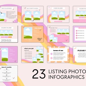 May include: A set of 23 customizable listing photo infographics for Etsy shops. The graphics feature a rainbow, clouds, and a green landscape. The text on the graphics includes "Easy to customize", "Easy to edit in Canva", "3 sizes included", "4 colors included", "3 colors included", "Change to suit your brand or business needs", "Title here", "Feature title", "What you get", "What you get", "Terms of use", "Please note", "How it works", and "23 Listing Photo Infographics".