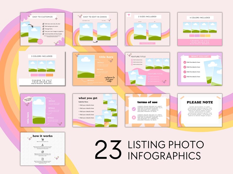 May include: A set of 23 customizable listing photo infographics for Etsy shops. The graphics feature a rainbow, clouds, and a green landscape. The text on the graphics includes "Easy to customize", "Easy to edit in Canva", "3 sizes included", "4 colors included", "3 colors included", "Change to suit your brand or business needs", "Title here", "Feature title", "What you get", "What you get", "Terms of use", "Please note", "How it works", and "23 Listing Photo Infographics".