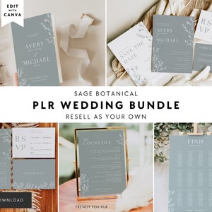 PLR Sage Botanical Wedding Template Bundle Canva, Resell Rights Editable Wedding Invite Suite, Signage, Menu, Seating Chart, Commercial Use