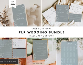 Puede incluir: Un conjunto de papelería de boda botánica en color salvia que incluye invitaciones, tarjetas RSVP, tarjetas de detalles, un menú de cócteles y un plano de asientos, decorados con ilustraciones florales de líneas blancas y texto.