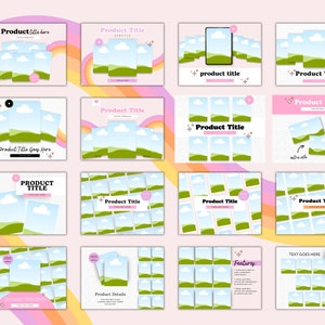 May include: A collection of social media templates featuring a green field with a blue sky and white clouds. The templates are designed for product promotion and include text boxes for product titles, descriptions, and features. The templates are in a pastel pink and blue color scheme.