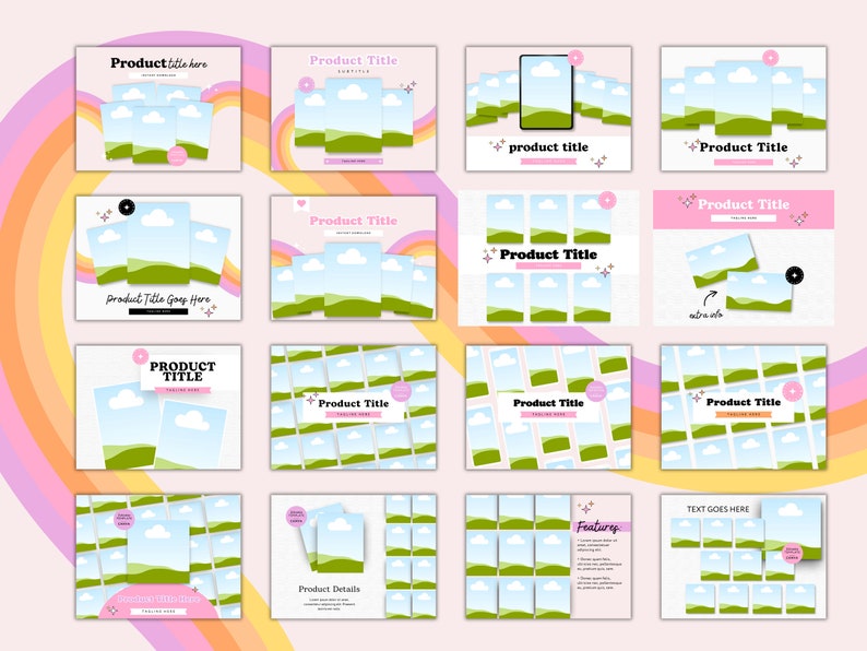 May include: A collection of social media templates featuring a green field with a blue sky and white clouds. The templates are designed for product promotion and include text boxes for product titles, descriptions, and features. The templates are in a pastel pink and blue color scheme.