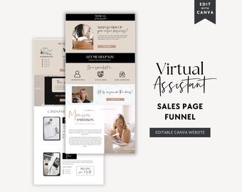 Plantilla de página de ventas de Canva para asistente virtual, plantilla de embudo de sitio web de Canva para servicios de asistente virtual, página de destino de embudo de ventas editable para precios de asistente virtual