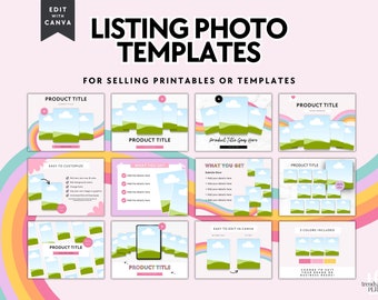 May include: Nine colorful digital templates for selling printables or templates. The templates feature a rainbow, clouds, and a green field. The text "Product Title" appears on each template. The text "Easy to Customize" and "What You Get" appear on two of the templates.