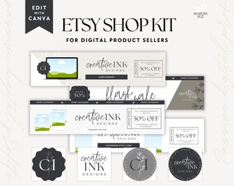 Pode incluir: Um kit de loja Etsy digital para vendedores de produtos digitais com um design de paisagem verde e branco. O kit inclui banners de mídia social, maquetes de produtos e designs de logotipo. O texto "creative INK designs" aparece em todo o kit.