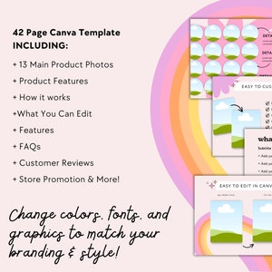 May include: A 42-page Canva template for product promotion. The template includes 13 main product photos, product features, how it works, what you can edit, features, FAQs, customer reviews, and store promotion. The template is easy to customize and edit in Canva. The template features a rainbow design with clouds and green hills.