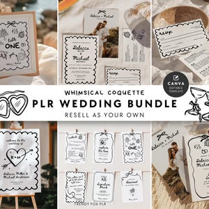 Peut inclure: Un ensemble de modèles d'invitation de mariage en noir et blanc avec des illustrations fantaisistes. Les modèles comprennent une pancarte de bienvenue, une carte RSVP et une carte de sauvegarde de la date. Le texte sur les cartes indique "Bienvenue au mariage de R+M", "Rebecca Miller & Michael Anderson", "RSVP" et "Sauvegarder la date".