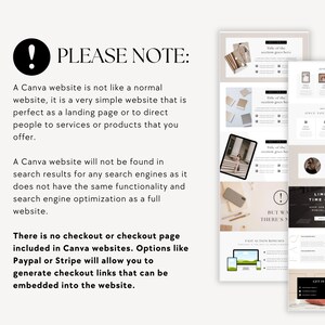 K&ouml;nnte beinhalten: Ein Textbild mit einem Warnsymbol und dem Text "PLEASE NOTE:" Eine Canva-Website ist nicht wie eine normale Website, sie ist eine sehr einfache Website, die sich perfekt als Landingpage eignet oder um Menschen auf Dienste oder Produkte zu verweisen, die Sie anbieten. Eine Canva-Website wird nicht in den Suchergebnissen von Suchmaschinen gefunden, da sie nicht die gleiche Funktionalit&auml;t und Suchmaschinenoptimierung wie eine vollst&auml;ndige Website bietet. Es gibt keine Checkout- oder Checkout-Seite, die in Canva-Websites enthalten ist. Optionen wie Paypal oder Stripe erm&ouml;glichen es Ihnen, Checkout-Links zu generieren, die in die Website eingebettet werden k&ouml;nnen.