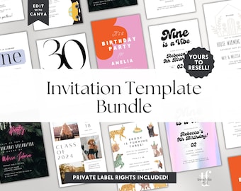 PLR Invitation Canva Template Bundle, Resell Rights, Commercial Use, Done For You Birthday Party Graduation Event, Adult & Kids Party Invite