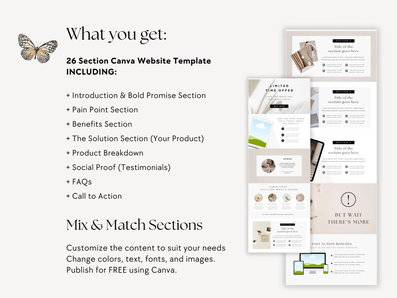 K&ouml;nnte beinhalten: Eine beige und wei&szlig;e Canva-Website-Vorlage mit 26 Abschnitten, darunter eine Einleitung, ein Schwachpunkt, Vorteile, eine L&ouml;sung, eine Produkt&uuml;bersicht, soziale Beweise, FAQs und einen Call to Action. Die Vorlage enth&auml;lt eine Schmetterlingsgrafik, ein zeitlich begrenztes Angebot und einen Abschnitt "Aber warte, es gibt noch mehr".