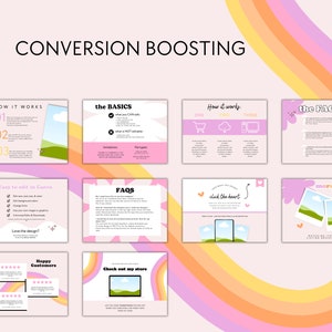 May include: A pink and yellow graphic design template for Etsy shop listings. The template includes sections for "How it Works", "The Basics", "How it Works", "The FAQs", "Easy to Edit in Canva", "FAQs", "Click the Heart", "More to Love", "Love the Design?", "Happy Customers", and "Check out my Store".