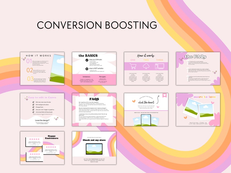 May include: A pink and yellow graphic design template for Etsy shop listings. The template includes sections for "How it Works", "The Basics", "How it Works", "The FAQs", "Easy to Edit in Canva", "FAQs", "Click the Heart", "More to Love", "Love the Design?", "Happy Customers", and "Check out my Store".