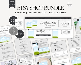 Digital Etsy Seller Starter Kit, Canva Template, Etsy Banner & Listing Photos Infographics, Editable Digital Product Mockups, Etsy Shop Kit