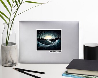 May include: A black and white illustration of a stylized ocean wave with a yellow sun peeking through the top. The text "Vancouver Island" is at the bottom of the image.