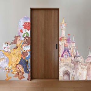 Adesivo da parete principessa, acquerello, castello, carta da parati, bellezza e bestia, adesivo da parete per cameretta per bambine, adesivo da parete per cameretta dei bambini