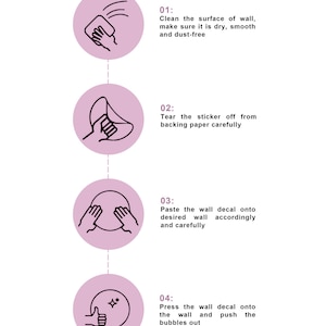 May include: Four steps for applying a wall decal. The steps are illustrated with simple line drawings of hands interacting with a circle. The steps are: 1. Clean the surface of the wall, make sure it is dry, smooth and dust-free. 2. Tear the sticker off from backing paper carefully. 3. Paste the wall decal onto desired wall accordingly and carefully. 4. Press the wall decal onto the wall and push the bubbles out.