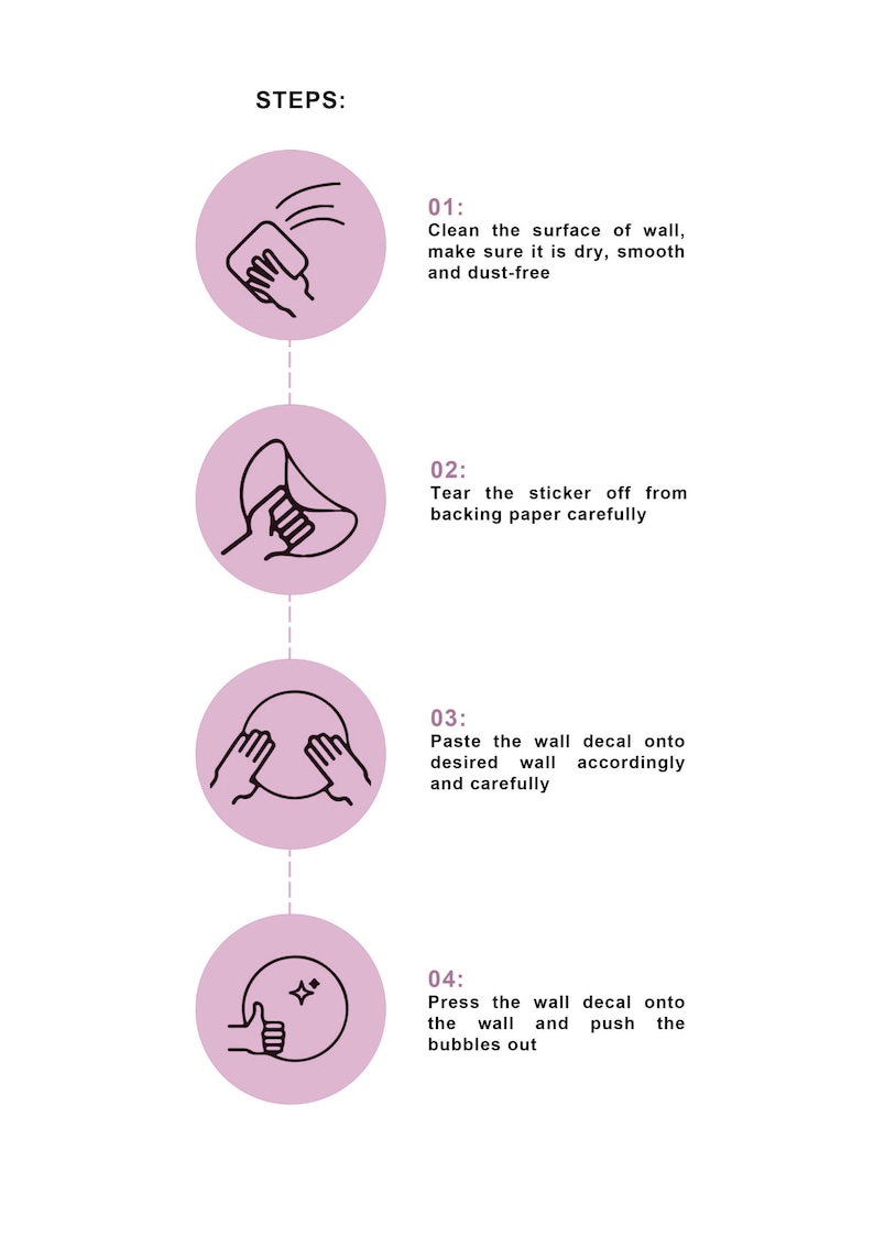 May include: Four steps for applying a wall decal. The steps are illustrated with simple line drawings of hands interacting with a circle. The steps are: 1. Clean the surface of the wall, make sure it is dry, smooth and dust-free. 2. Tear the sticker off from backing paper carefully. 3. Paste the wall decal onto desired wall accordingly and carefully. 4. Press the wall decal onto the wall and push the bubbles out.