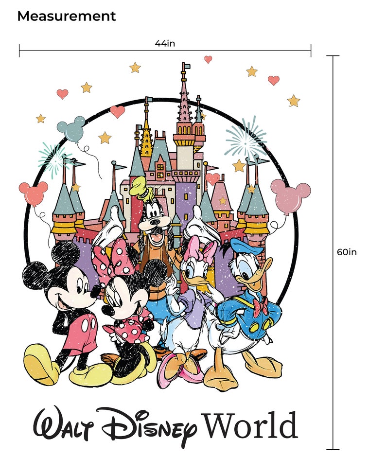 May include: A colorful illustration of Mickey Mouse, Minnie Mouse, Donald Duck, Goofy, and Daisy Duck standing in front of Cinderella's Castle. The characters are surrounded by fireworks and stars. The text "WALT DISNEY WORLD" is at the bottom of the image. The image is 44 inches wide and 60 inches tall.