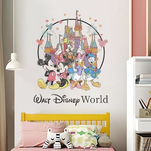 May include: A colorful wall decal featuring Mickey Mouse, Minnie Mouse, Donald Duck, Goofy, and Daisy Duck in front of Cinderella's Castle. The decal also includes the text "Walt Disney World".