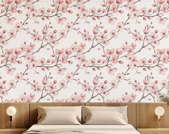 Japońska tapeta Sakura Bezszwowa tapeta z kwiatami Japońska naklejka ścienna z wzorem kwiatów Sztuka ścienna w stylu vintage Klasyczna tapeta Sakura Kwiat