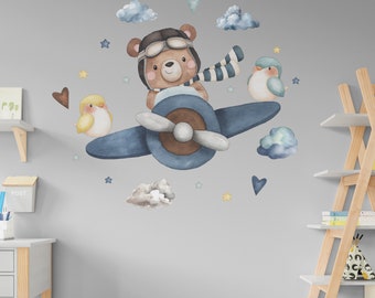 Free Shipping Teddy Bear Wall Decal Watercolor Bear Wall Art Airplane Wall Sticker Boys Room Decal Nursery Room Decor