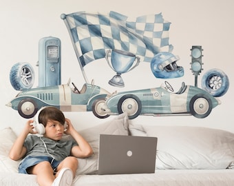 Step-by-step Sticker Kids Room Wall Vintage Car Wall Decal Watercolor Racer Car Vintage Wall Decor Boy Room Wall Decal Boy Car Wall Sticker