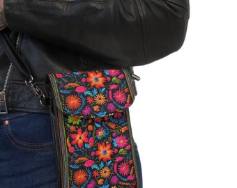 Mexican Embroidery Inspired Print. Crossbody Purse.  Strap Wallet  Graffiti Art.