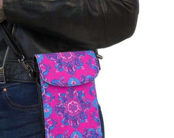 Pink Persian Rug Inspired Print. Crossbody Purse.  Strap Wallet  Graffiti Art.