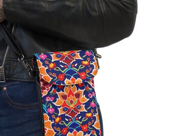 Blue Persian Rug Inspired Print. Crossbody Purse.  Strap Wallet  Graffiti Art.