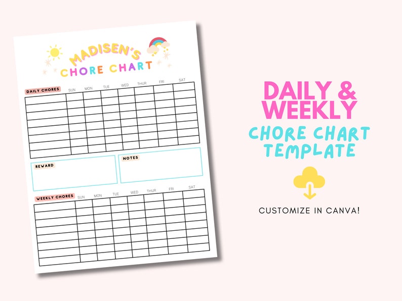 Kids Chore Chart Visual Chart Customizable Chore Chart Kids Chore Chart ...