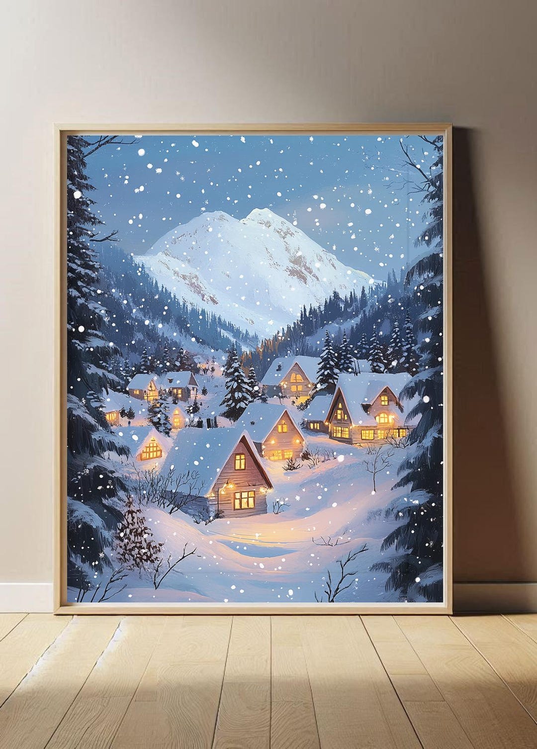 Cozy Winter Village Art Digital Download ~ Snowy Mountain Landscape ...
