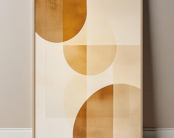 May include: Abstract art print featuring geometric shapes in shades of brown and beige. The print showcases overlapping circles and squares, creating a modern and minimalist design.