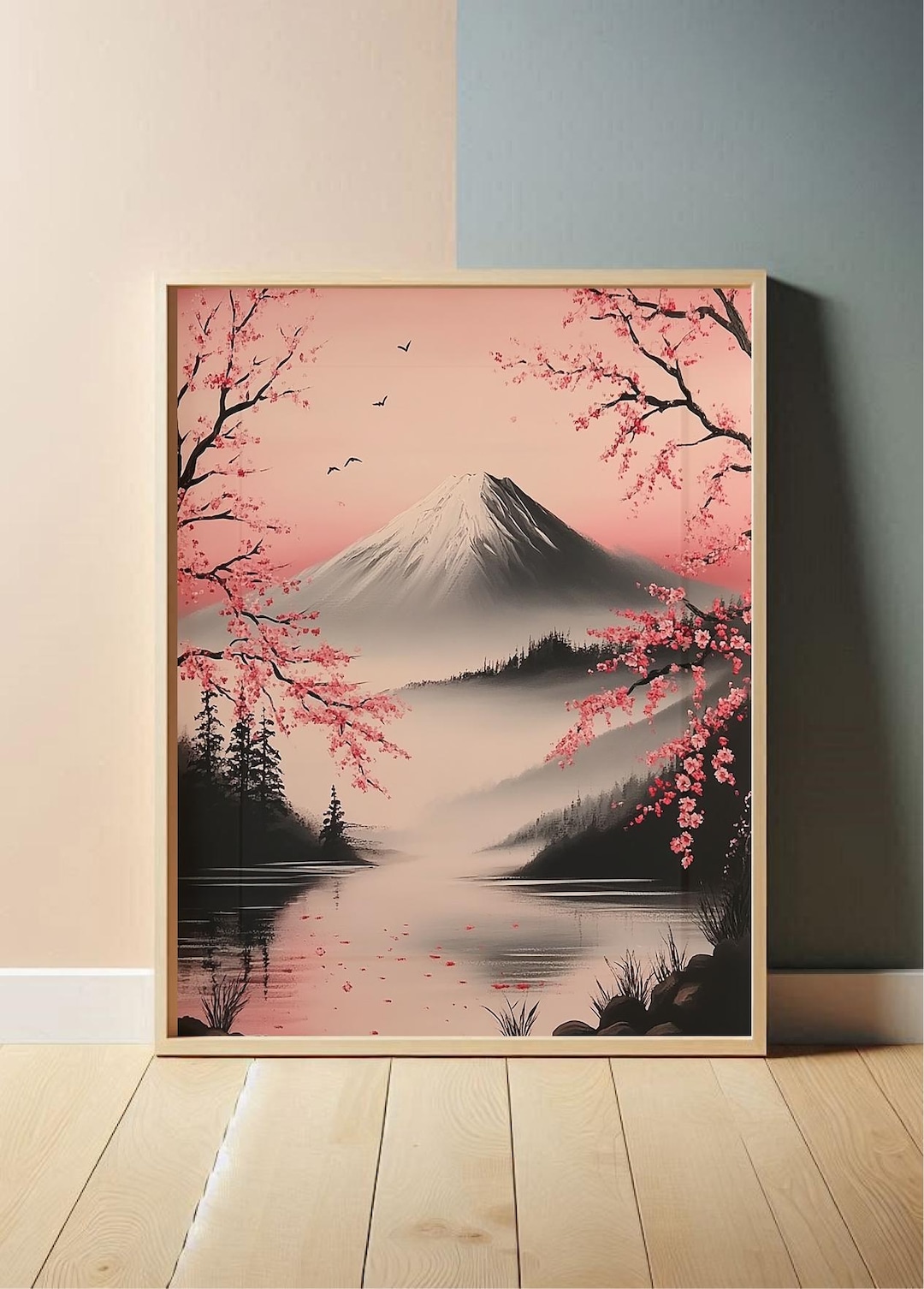 Mount Fuji Art Print, Japanese Cherry Blossom Landscape (digital ...