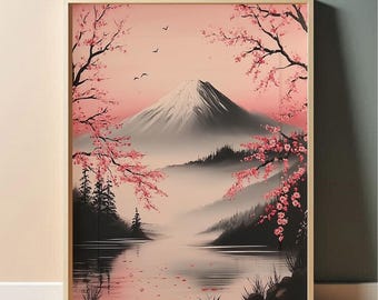 Mount Fuji Art Print, Japanese Cherry Blossom Landscape (Digital Download)