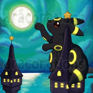 Impression Moonbreon 5 x 7 po. | Mini affiche de renard élémentaire foncé | Décoration murale carte postale du JCC pour les joueurs | Impression gaming ciel nocturne