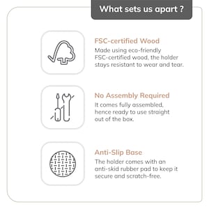 Peut inclure: Un graphique informatif intitul&eacute; What sets us apart ? pr&eacute;sentant trois ic&ocirc;nes et descriptions : FSC-certified Wood, No Assembly Required et Anti-Slip Base. Le texte d&eacute;taille l'utilisation de bois &eacute;cologique, le montage complet et un patin en caoutchouc.